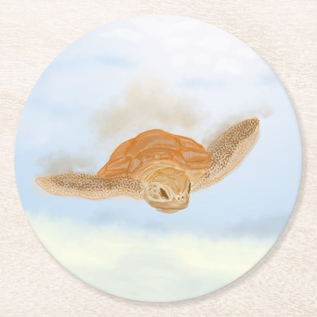 Posavasos Redondo De Papel Tortuga marina bajo el agua. (Anverso)