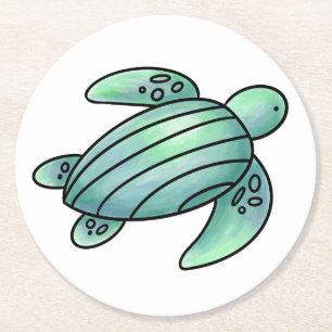 Posavasos Redondo De Papel tortuga marina pintada con acuarela azul verde de 