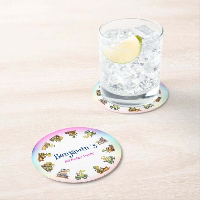 Posavasos Redondo De Papel Tractor de dinosaurio lindo Rainbow B2S School Cum (In situ)