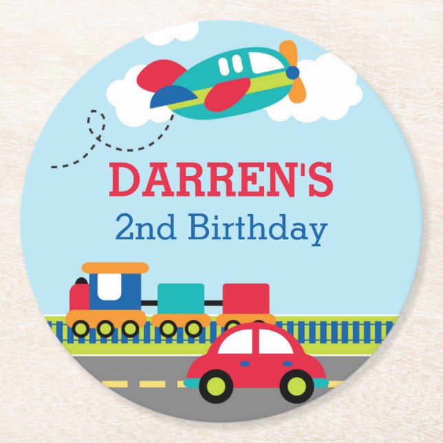 Posavasos Redondo De Papel Transporte / Vehículos Boys Cumpleaños (Anverso)