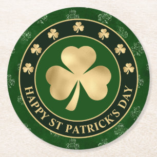 Posavasos Redondo De Papel Trébol de Shamrock verde y dorado Día de San Patri
