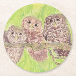 Posavasos Redondo De Papel Tres pequeñas lechuzas de cobardía - pintura acríl