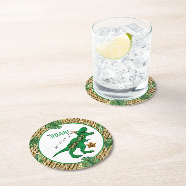 Posavasos Redondo De Papel Tres Rex Dinosaurio Tercer Cumpleaños (In situ)