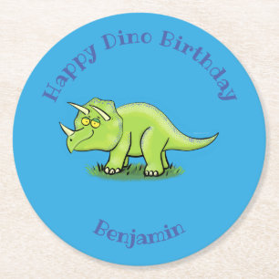 Posavasos Redondo De Papel Triceratops feliz personalizado de dinosaurios