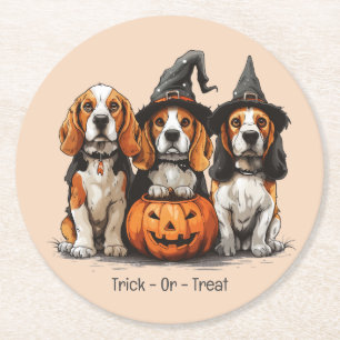 Posavasos Redondo De Papel Trick O Treat Halloween Beagle Dogs
