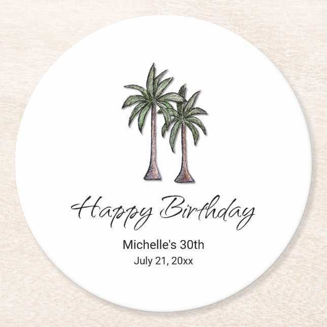 Posavasos Redondo De Papel Tropical Palm Trees Elegant 30th Birthday Party (Anverso)