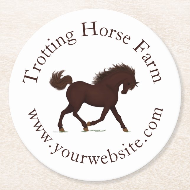 Posavasos Redondo De Papel Trotting Brown Horse Circular Texto Ecuestre (Anverso)