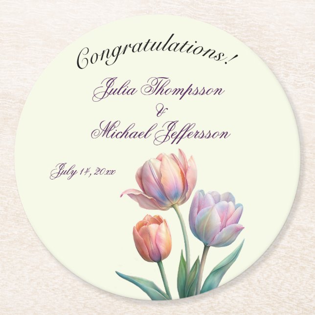 Posavasos Redondo De Papel Tulipano romántico y poético pastel acuarela (Anverso)