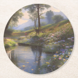 Posavasos Redondo De Papel Un hermoso paisaje fluvial estival