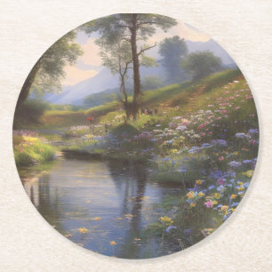Posavasos Redondo De Papel Un hermoso paisaje fluvial estival