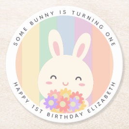 Posavasos Redondo De Papel Un lindo conejo se vuelve un cumpleaños arcoiris
