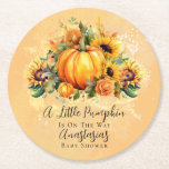 Posavasos Redondo De Papel Una pequeña calabaza | Baby Shower de caída de gir<br><div class="desc">La calabaza perfecta de otoño enclavada entre un lecho de girasoles con acentos rosas de albaricoque,  "A Little Pumpkin Is On The Way" diseño de Baby Shower. Presenta un fondo acuático rústico de color blanco y albaricoque texturado.</div>