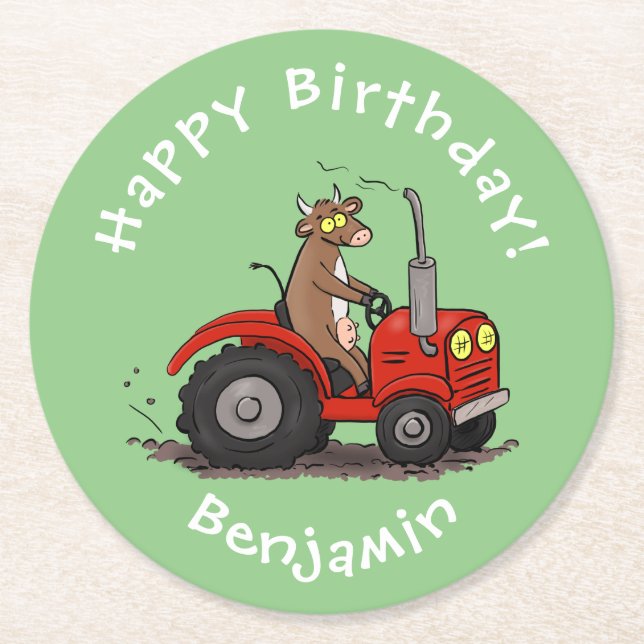 Posavasos Redondo De Papel Una vaca feliz y linda conduciendo a un personaliz (Anverso)