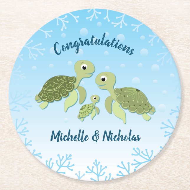Posavasos Redondo De Papel Under the Sea Turtle Baby Shower (Anverso)