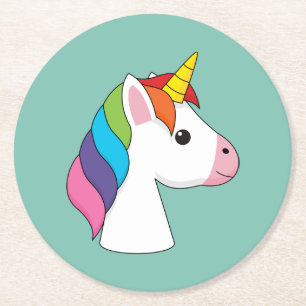 Posavasos Redondo De Papel Unicornio mágico lindo con el pelo colorido