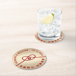 Posavasos Redondo De Papel Unión de nudos rojos doble felicidad Boda chino