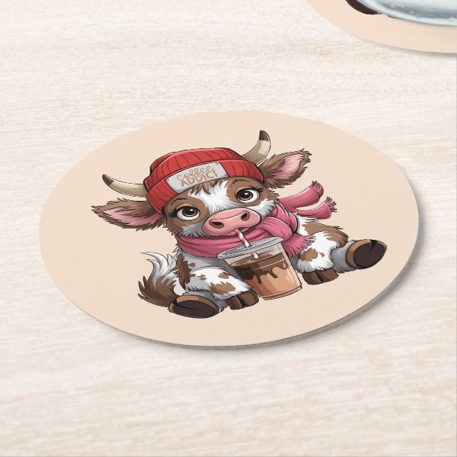 Posavasos Redondo De Papel Vaca adicta al café (En perspectiva)