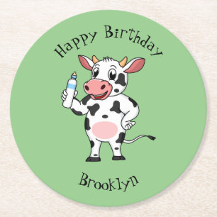 Posavasos Redondo De Papel Vaca feliz con personalizado de biberón