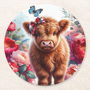 Posavasos Redondo De Papel Vaca linda en campo de peonías