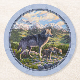 Posavasos Redondo De Papel Valle del Río de las Montañas Madre Lobo y Pups