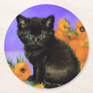 Posavasos Redondo De Papel Van Gogh Black Kitten con girasoles