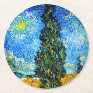 Posavasos Redondo De Papel Van Gogh Road con Cypress y Star