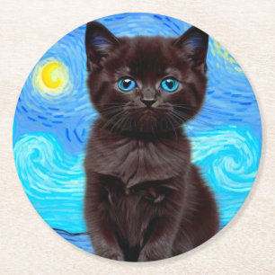 Posavasos Redondo De Papel Van Gogh Starry Night Black Cat