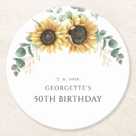 Posavasos Redondo De Papel Vegetación floral de girasol 50.º cumpleaños