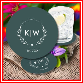 Posavasos Redondo De Papel Verde bosque y blanco | Monograma de iniciales mod