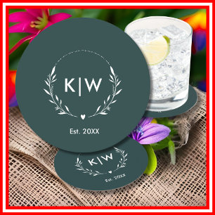 Posavasos Redondo De Papel Verde bosque y blanco   Monograma de iniciales mod