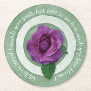 Posavasos Redondo De Papel Verde Salvia con Cita Inspiradora de Rosa Púrpura