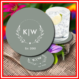 Posavasos Redondo De Papel Verde Salvia y Blanco | Monograma de Iniciales Mod