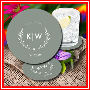 Posavasos Redondo De Papel Verde Salvia y Blanco Monograma de Iniciales Mod