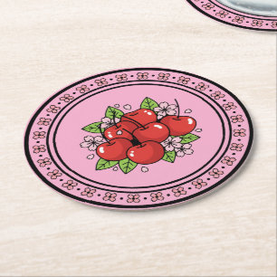 Posavasos Redondo De Papel Vibraciones de Cereza Roja Kawaii Estética Femenin