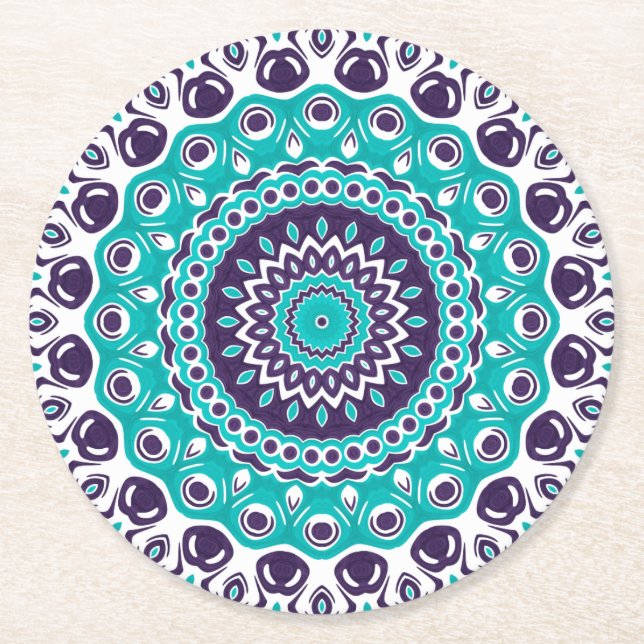 Posavasos Redondo De Papel Vibrant Aqua and Plum Mandala Pattern (Anverso)