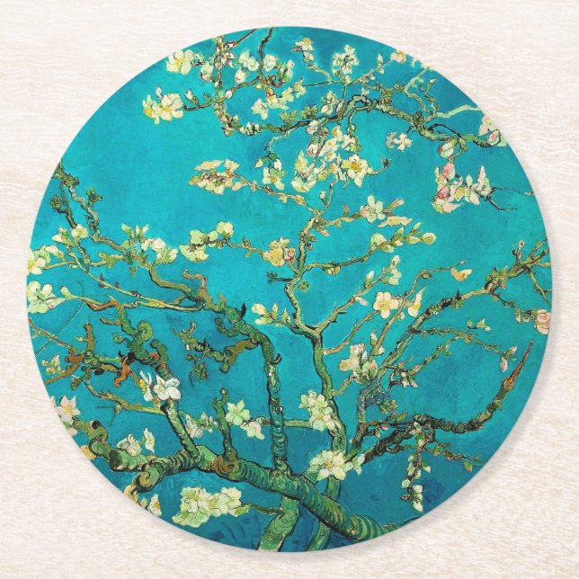 Posavasos Redondo De Papel Vincent Van Gogh Blossoming Almond Tree Floral Art (Anverso)