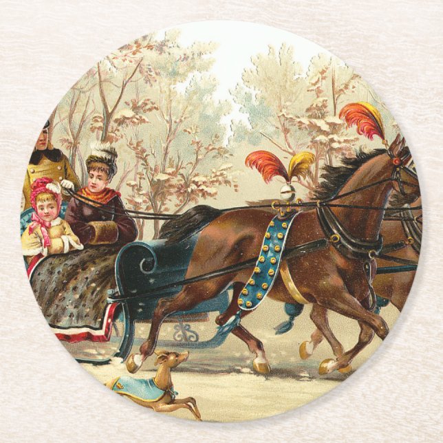 Posavasos Redondo De Papel Vintage Christmas Sleigh Ride (Anverso)