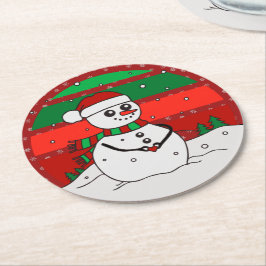Posavasos Redondo De Papel Vintage de Snowman Rainbow Snowflakes Green