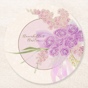 Posavasos Redondo De Papel  Vintage Dusty Rose Ombré Lazo y Ramo 