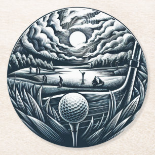 Posavasos Redondo De Papel Vintage Golf Scene con Jugadores y Carro
