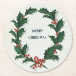 Posavasos Redondo De Papel Vintage Holly Wreath Merry Christmas<br><div class="desc">Vintage Feliz Navidad Holly Wreath Ilustracion de papel (1905 Frank Buttolph).</div>