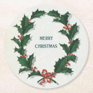 Posavasos Redondo De Papel Vintage Holly Wreath Merry Christmas