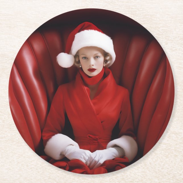 Posavasos Redondo De Papel Vintage Stylish Mrs Claus (Anverso)