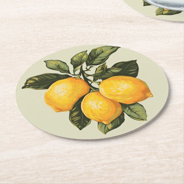 Posavasos Redondo De Papel Vintage Watercolor Lemon (En perspectiva)