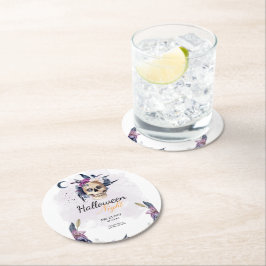 Posavasos Redondo De Papel Violet Watercolor Halloween Party Cráneo gótico