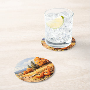 Posavasos Redondo De Papel Watercolor Autumn Road Pumpkin Caída Saltos