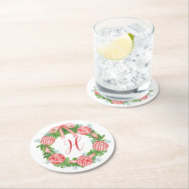 Posavasos Redondo De Papel Watercolor Chinoiserie Navidades Wreath Monograma