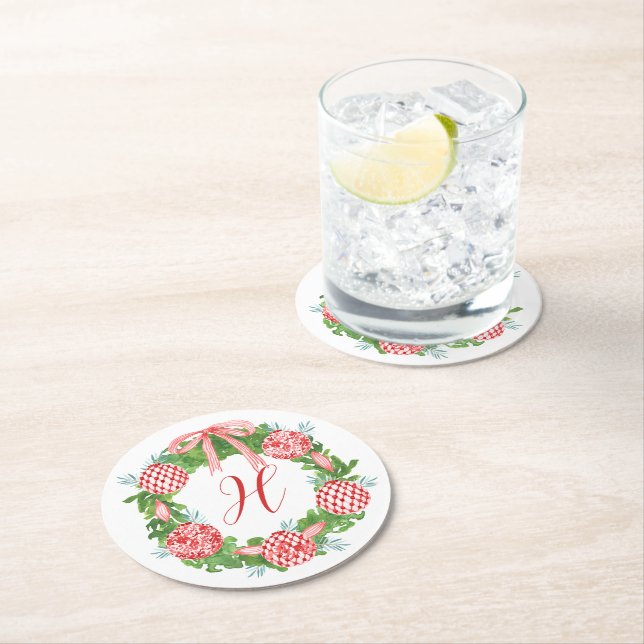 Posavasos Redondo De Papel Watercolor Chinoiserie Navidades Wreath Monograma (In situ)
