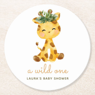 Posavasos Redondo De Papel Watercolor Giraffe Safari Baby Shower