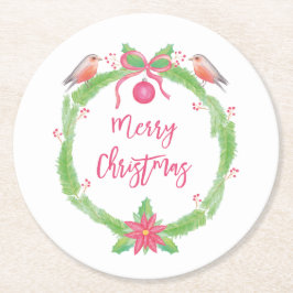 Posavasos Redondo De Papel Watercolor Holly Wreath "Feliz Navidad"